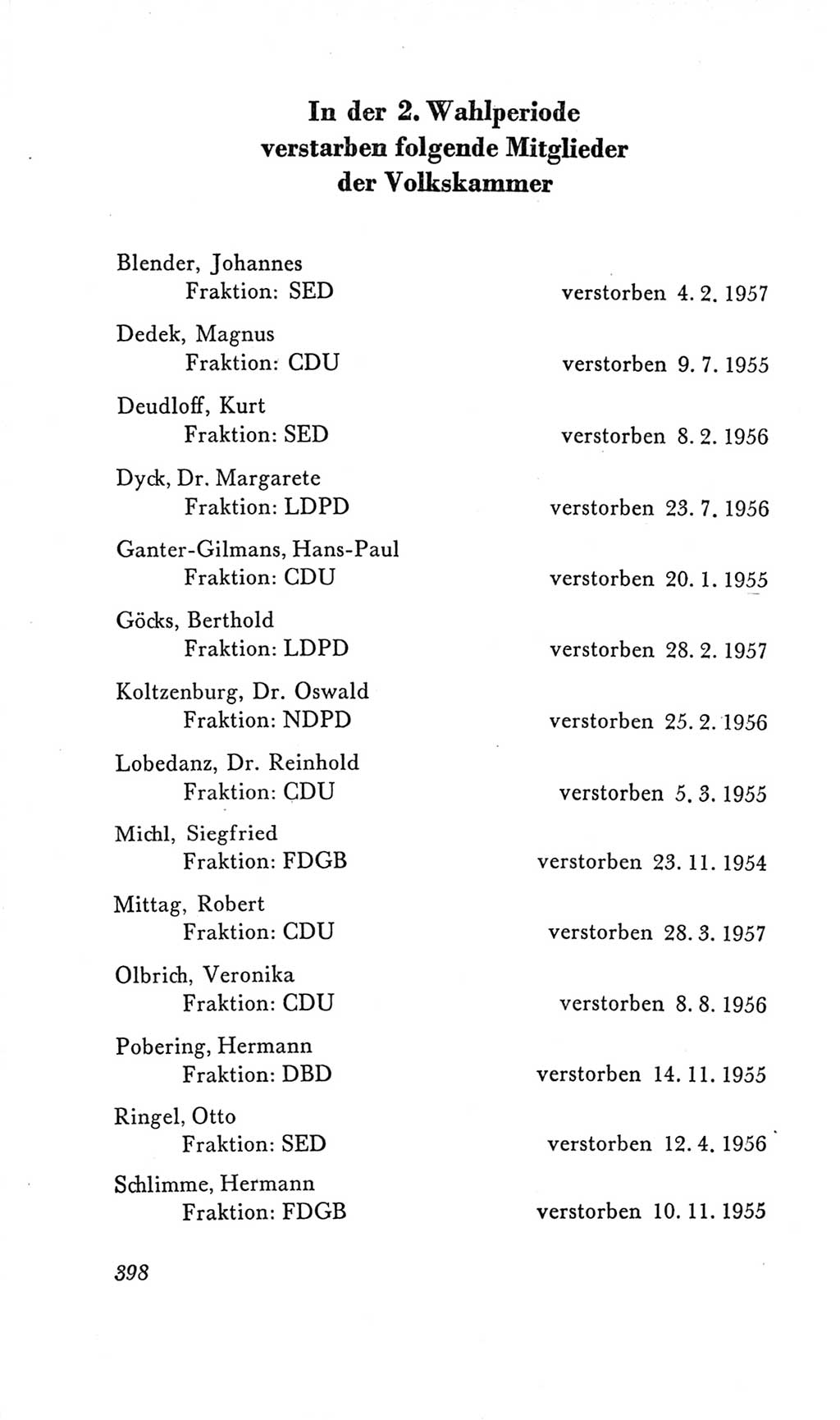 Handbuch der Volkskammer (VK) der Deutschen Demokratischen Republik (DDR), 2. Wahlperiode 1954-1958, Seite 398 (Hdb. VK. DDR, 2. WP. 1954-1958, S. 398)