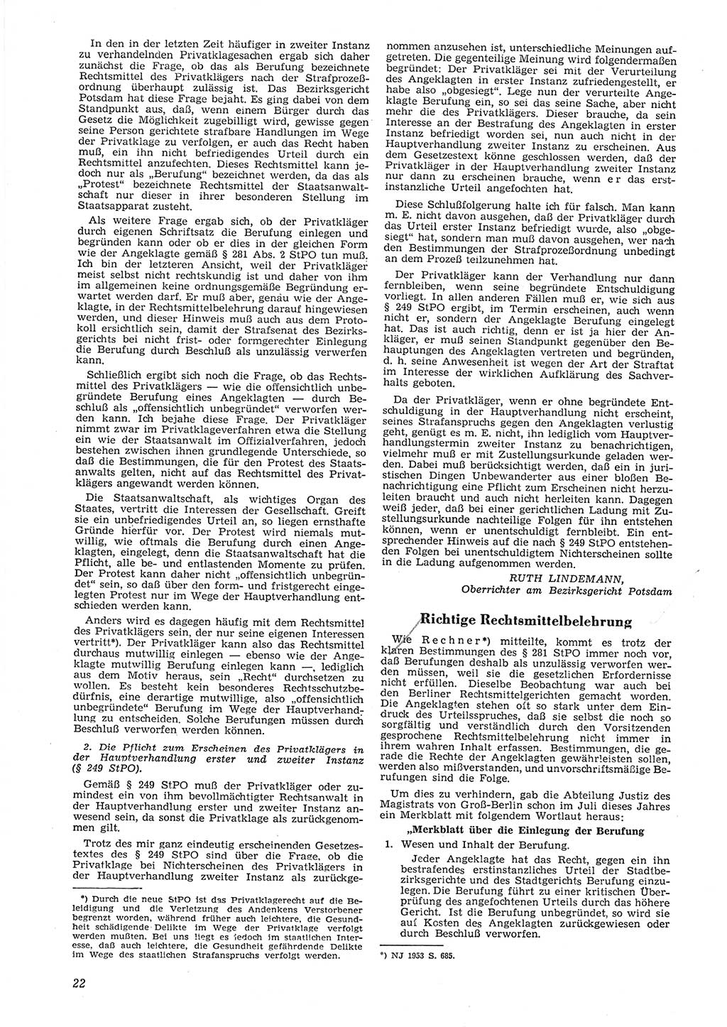 Neue Justiz (NJ), Zeitschrift für Recht und Rechtswissenschaft [Deutsche Demokratische Republik (DDR)], 8. Jahrgang 1954, Seite 22 (NJ DDR 1954, S. 22)