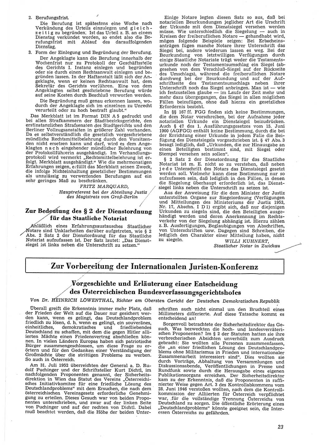 Neue Justiz (NJ), Zeitschrift für Recht und Rechtswissenschaft [Deutsche Demokratische Republik (DDR)], 8. Jahrgang 1954, Seite 23 (NJ DDR 1954, S. 23)