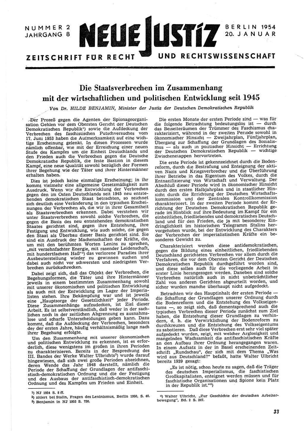 Neue Justiz (NJ), Zeitschrift für Recht und Rechtswissenschaft [Deutsche Demokratische Republik (DDR)], 8. Jahrgang 1954, Seite 33 (NJ DDR 1954, S. 33)