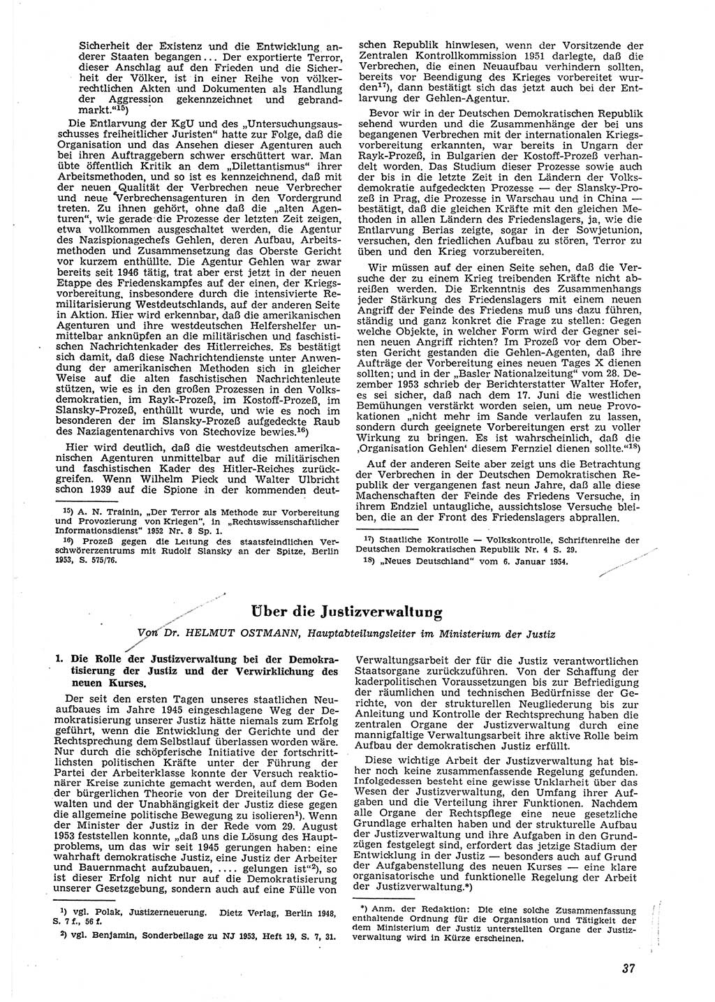 Neue Justiz (NJ), Zeitschrift für Recht und Rechtswissenschaft [Deutsche Demokratische Republik (DDR)], 8. Jahrgang 1954, Seite 37 (NJ DDR 1954, S. 37)