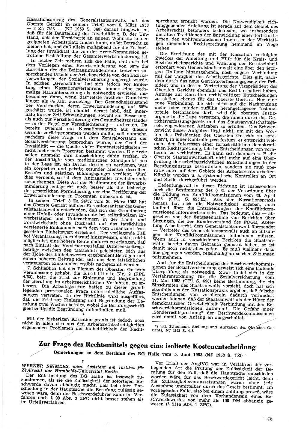 Neue Justiz (NJ), Zeitschrift für Recht und Rechtswissenschaft [Deutsche Demokratische Republik (DDR)], 8. Jahrgang 1954, Seite 45 (NJ DDR 1954, S. 45)