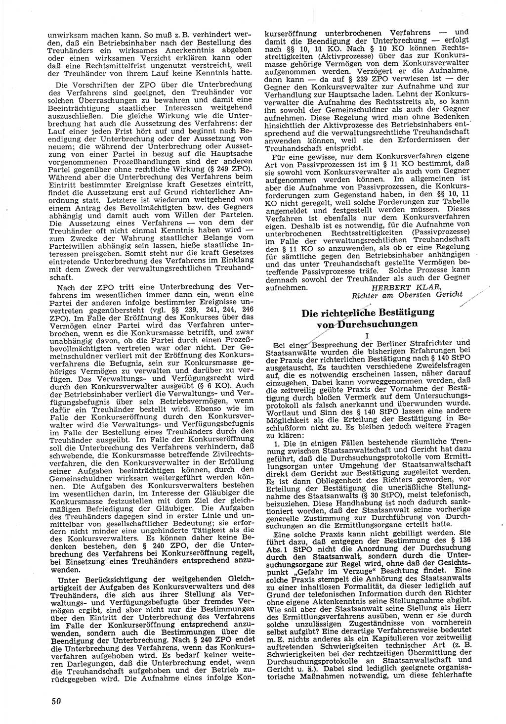 Neue Justiz (NJ), Zeitschrift für Recht und Rechtswissenschaft [Deutsche Demokratische Republik (DDR)], 8. Jahrgang 1954, Seite 50 (NJ DDR 1954, S. 50)