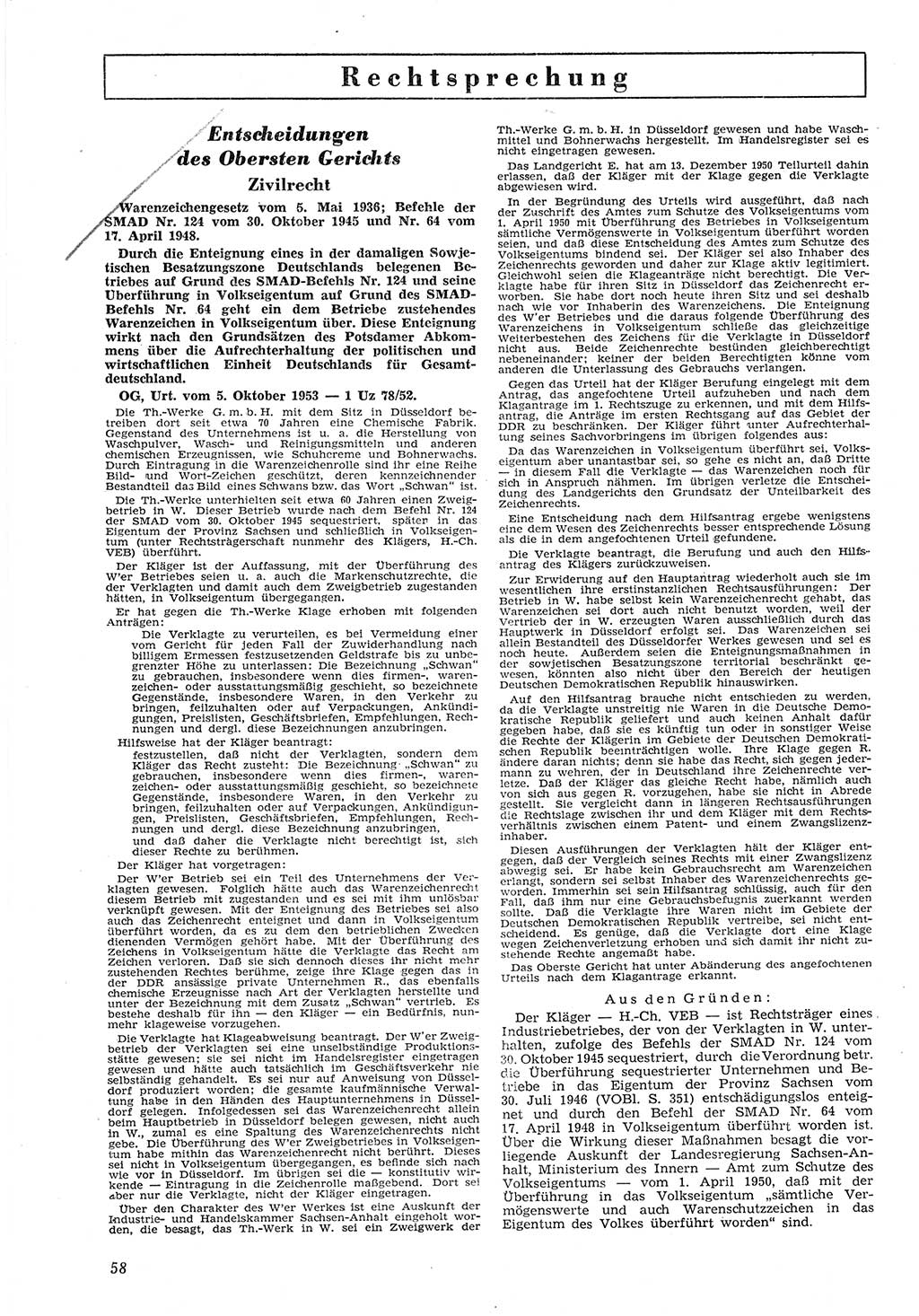 Neue Justiz (NJ), Zeitschrift für Recht und Rechtswissenschaft [Deutsche Demokratische Republik (DDR)], 8. Jahrgang 1954, Seite 58 (NJ DDR 1954, S. 58)