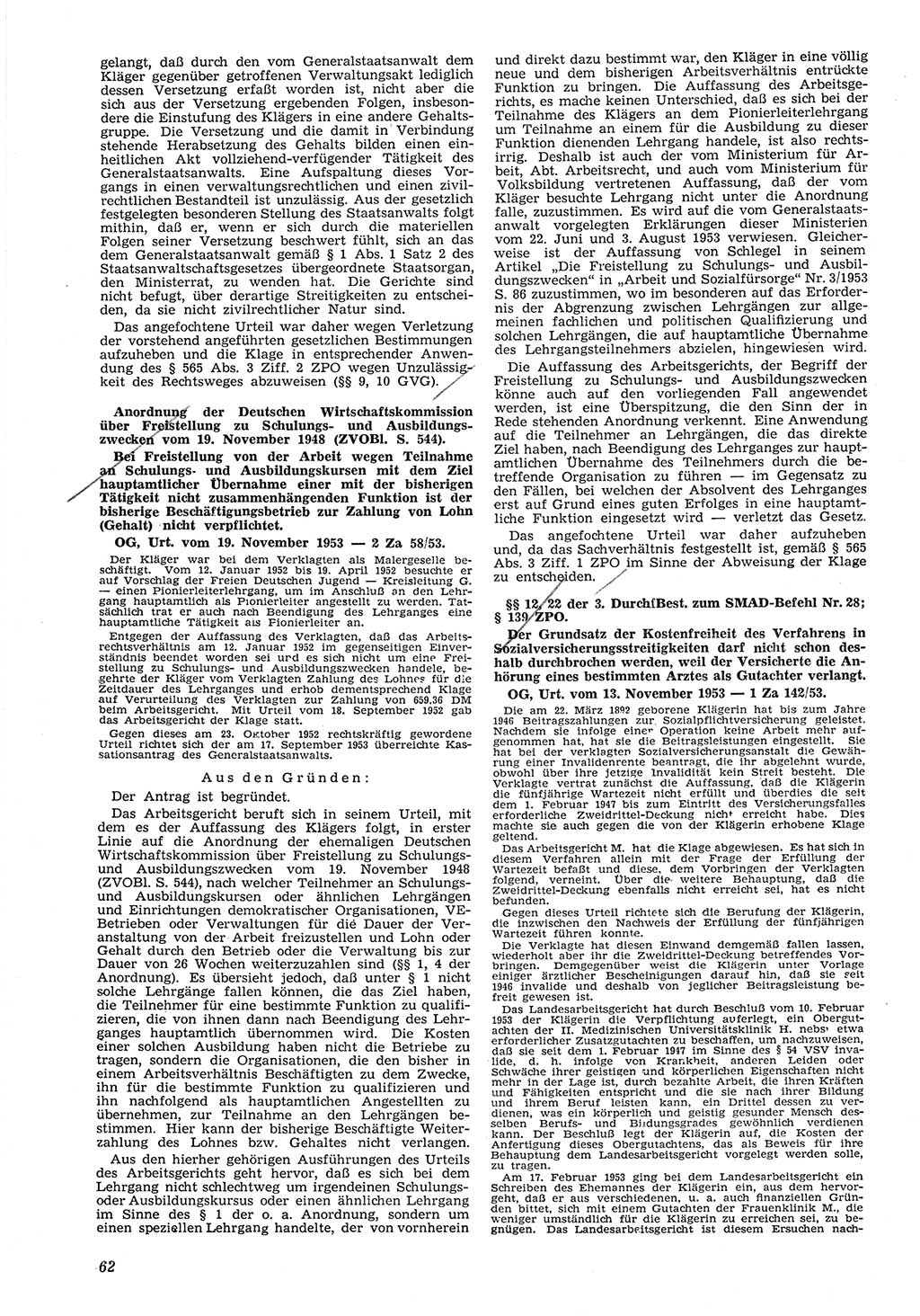 Neue Justiz (NJ), Zeitschrift für Recht und Rechtswissenschaft [Deutsche Demokratische Republik (DDR)], 8. Jahrgang 1954, Seite 62 (NJ DDR 1954, S. 62)