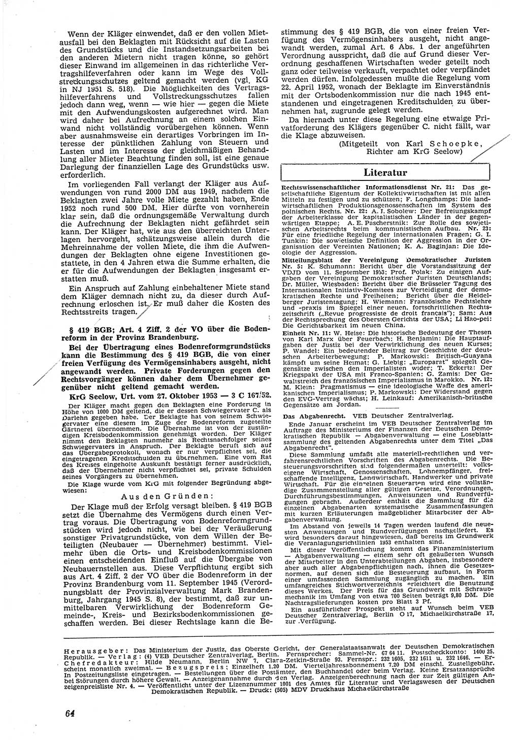 Neue Justiz (NJ), Zeitschrift für Recht und Rechtswissenschaft [Deutsche Demokratische Republik (DDR)], 8. Jahrgang 1954, Seite 64 (NJ DDR 1954, S. 64)