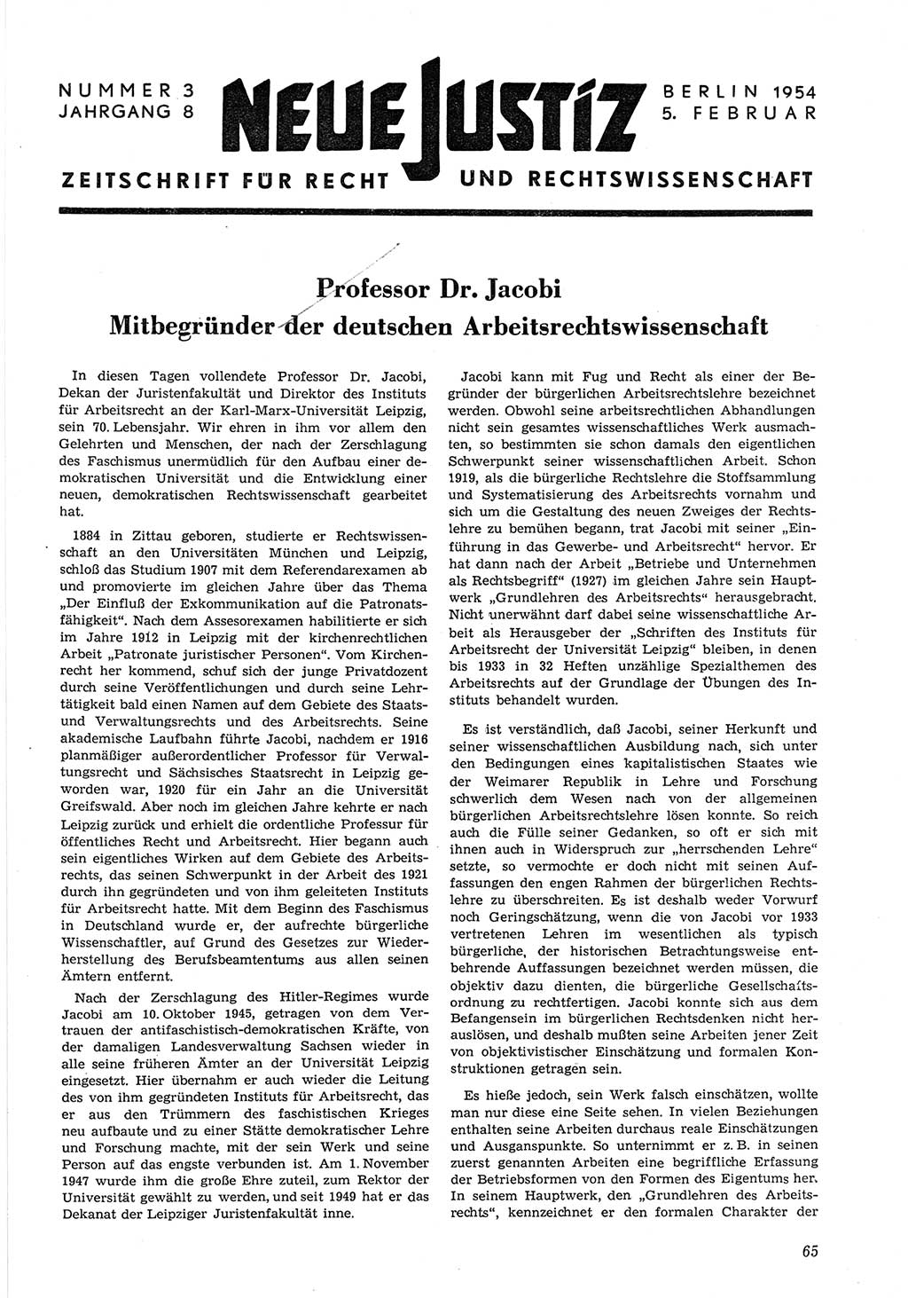 Neue Justiz (NJ), Zeitschrift für Recht und Rechtswissenschaft [Deutsche Demokratische Republik (DDR)], 8. Jahrgang 1954, Seite 65 (NJ DDR 1954, S. 65)