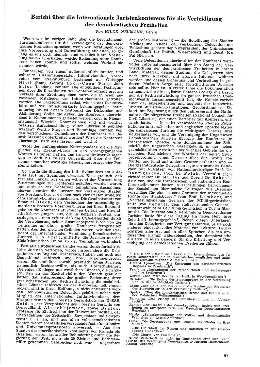 Neue Justiz (NJ), Zeitschrift für Recht und Rechtswissenschaft [Deutsche Demokratische Republik (DDR)], 8. Jahrgang 1954, Seite 67 (NJ DDR 1954, S. 67)