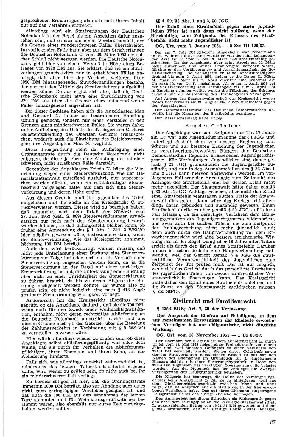 Neue Justiz (NJ), Zeitschrift für Recht und Rechtswissenschaft [Deutsche Demokratische Republik (DDR)], 8. Jahrgang 1954, Seite 87 (NJ DDR 1954, S. 87)