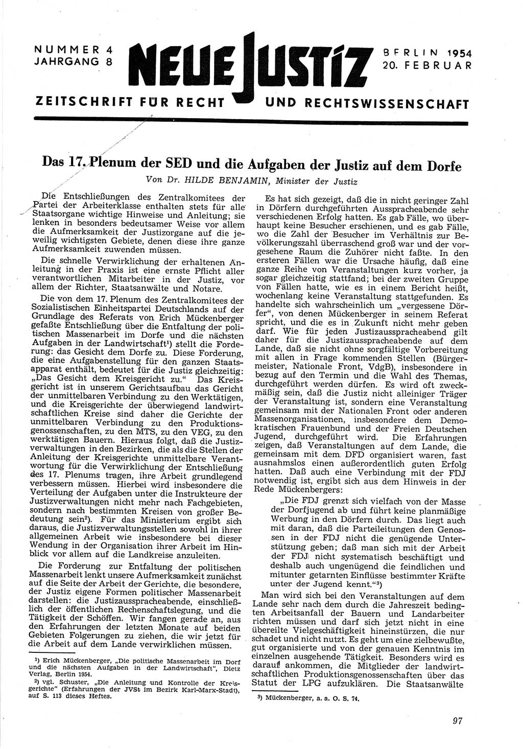 Neue Justiz (NJ), Zeitschrift für Recht und Rechtswissenschaft [Deutsche Demokratische Republik (DDR)], 8. Jahrgang 1954, Seite 97 (NJ DDR 1954, S. 97)