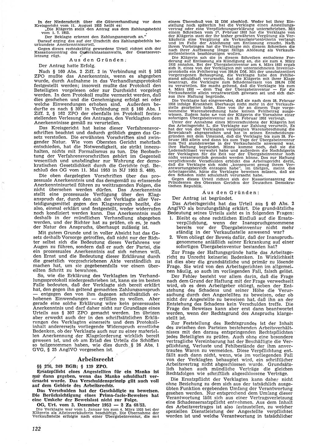 Neue Justiz (NJ), Zeitschrift für Recht und Rechtswissenschaft [Deutsche Demokratische Republik (DDR)], 8. Jahrgang 1954, Seite 122 (NJ DDR 1954, S. 122)