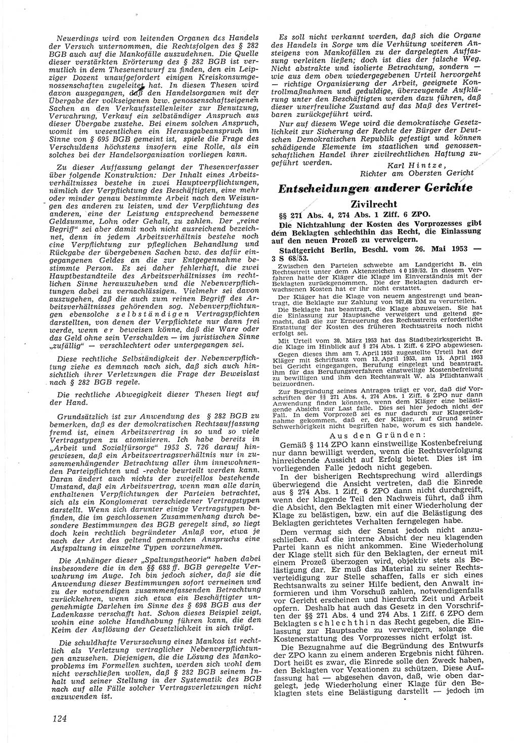 Neue Justiz (NJ), Zeitschrift für Recht und Rechtswissenschaft [Deutsche Demokratische Republik (DDR)], 8. Jahrgang 1954, Seite 124 (NJ DDR 1954, S. 124)