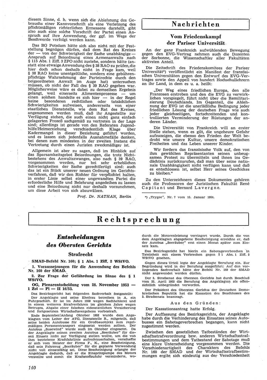 Neue Justiz (NJ), Zeitschrift für Recht und Rechtswissenschaft [Deutsche Demokratische Republik (DDR)], 8. Jahrgang 1954, Seite 140 (NJ DDR 1954, S. 140)