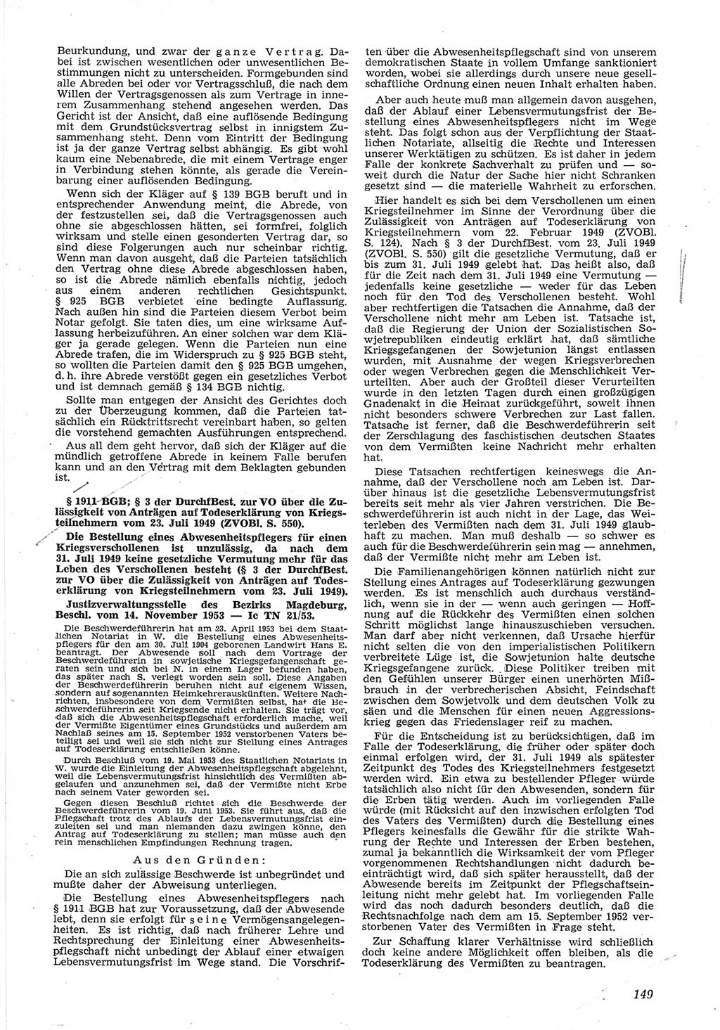 Neue Justiz (NJ), Zeitschrift für Recht und Rechtswissenschaft [Deutsche Demokratische Republik (DDR)], 8. Jahrgang 1954, Seite 149 (NJ DDR 1954, S. 149)