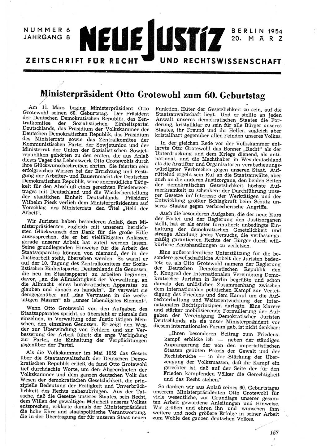 Neue Justiz (NJ), Zeitschrift für Recht und Rechtswissenschaft [Deutsche Demokratische Republik (DDR)], 8. Jahrgang 1954, Seite 157 (NJ DDR 1954, S. 157)