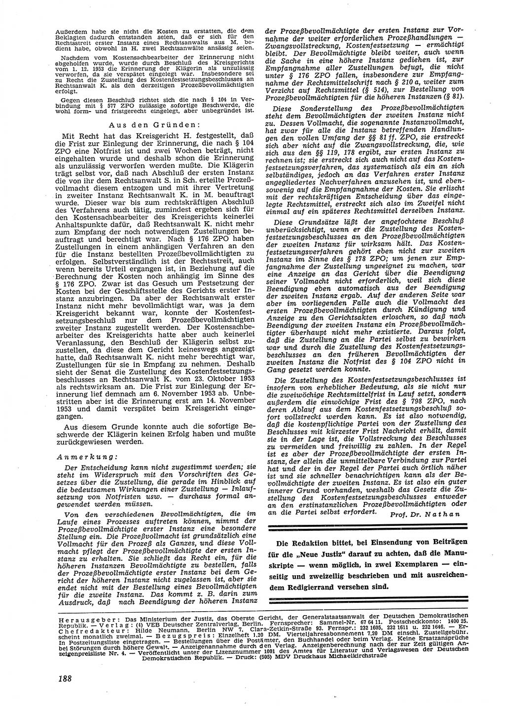 Neue Justiz (NJ), Zeitschrift für Recht und Rechtswissenschaft [Deutsche Demokratische Republik (DDR)], 8. Jahrgang 1954, Seite 188 (NJ DDR 1954, S. 188)