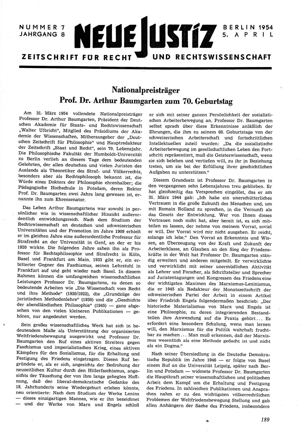Neue Justiz (NJ), Zeitschrift für Recht und Rechtswissenschaft [Deutsche Demokratische Republik (DDR)], 8. Jahrgang 1954, Seite 189 (NJ DDR 1954, S. 189)