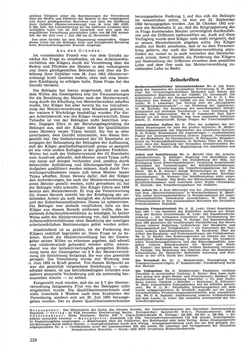 Neue Justiz (NJ), Zeitschrift für Recht und Rechtswissenschaft [Deutsche Demokratische Republik (DDR)], 8. Jahrgang 1954, Seite 220 (NJ DDR 1954, S. 220)