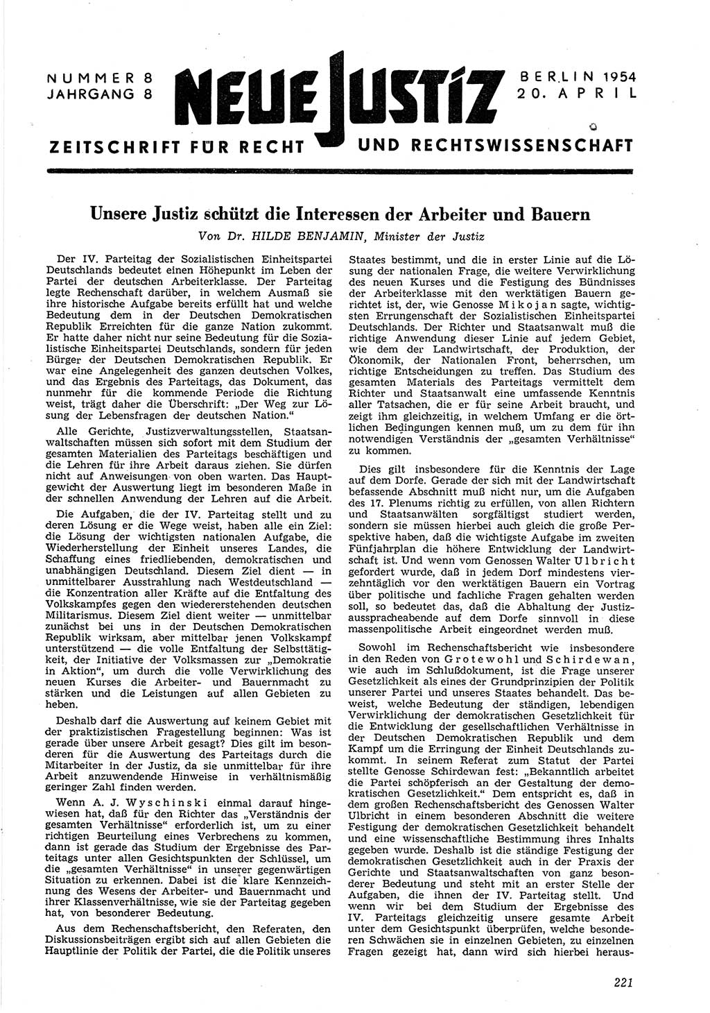 Neue Justiz (NJ), Zeitschrift für Recht und Rechtswissenschaft [Deutsche Demokratische Republik (DDR)], 8. Jahrgang 1954, Seite 221 (NJ DDR 1954, S. 221)