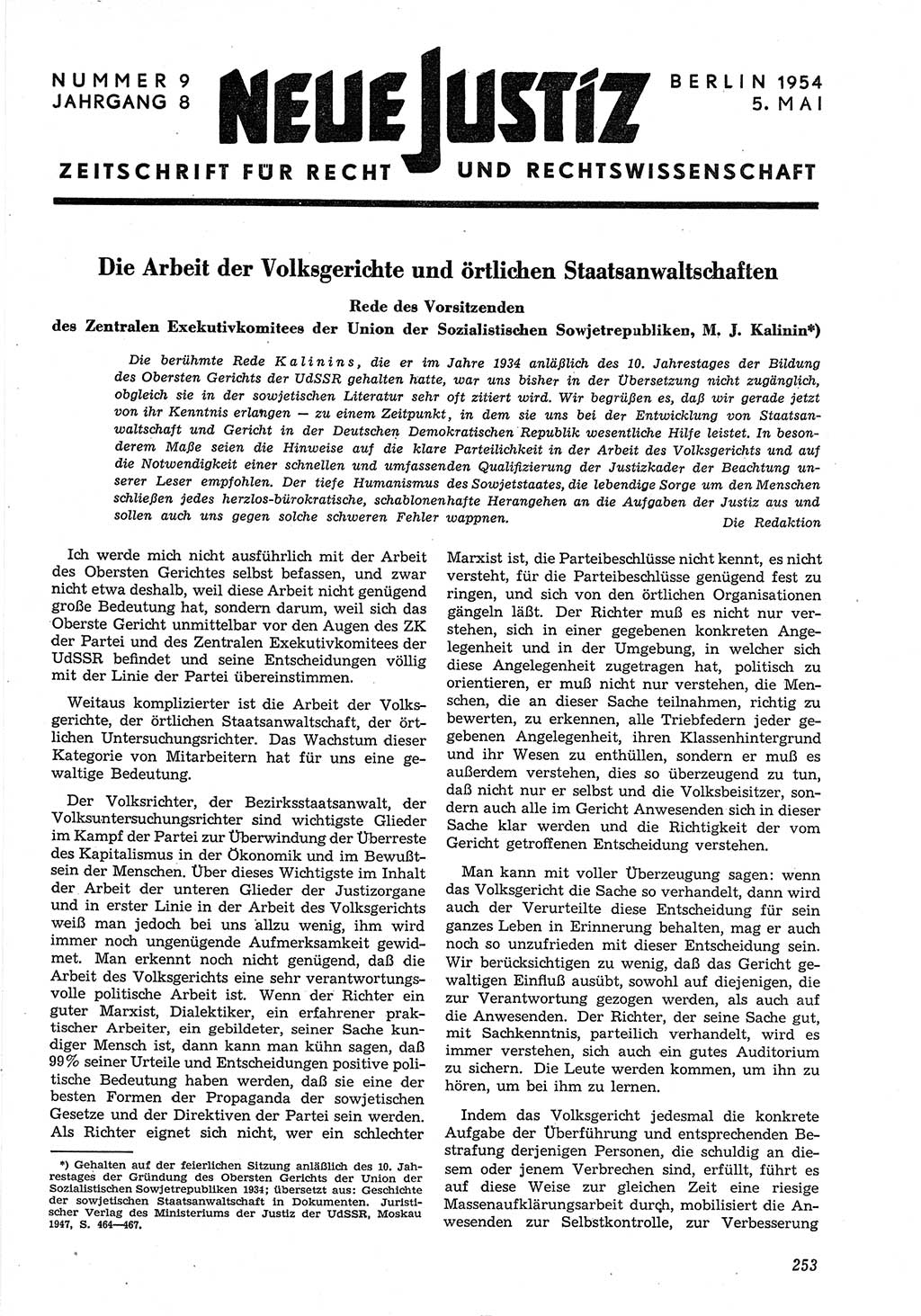 Neue Justiz (NJ), Zeitschrift für Recht und Rechtswissenschaft [Deutsche Demokratische Republik (DDR)], 8. Jahrgang 1954, Seite 253 (NJ DDR 1954, S. 253)