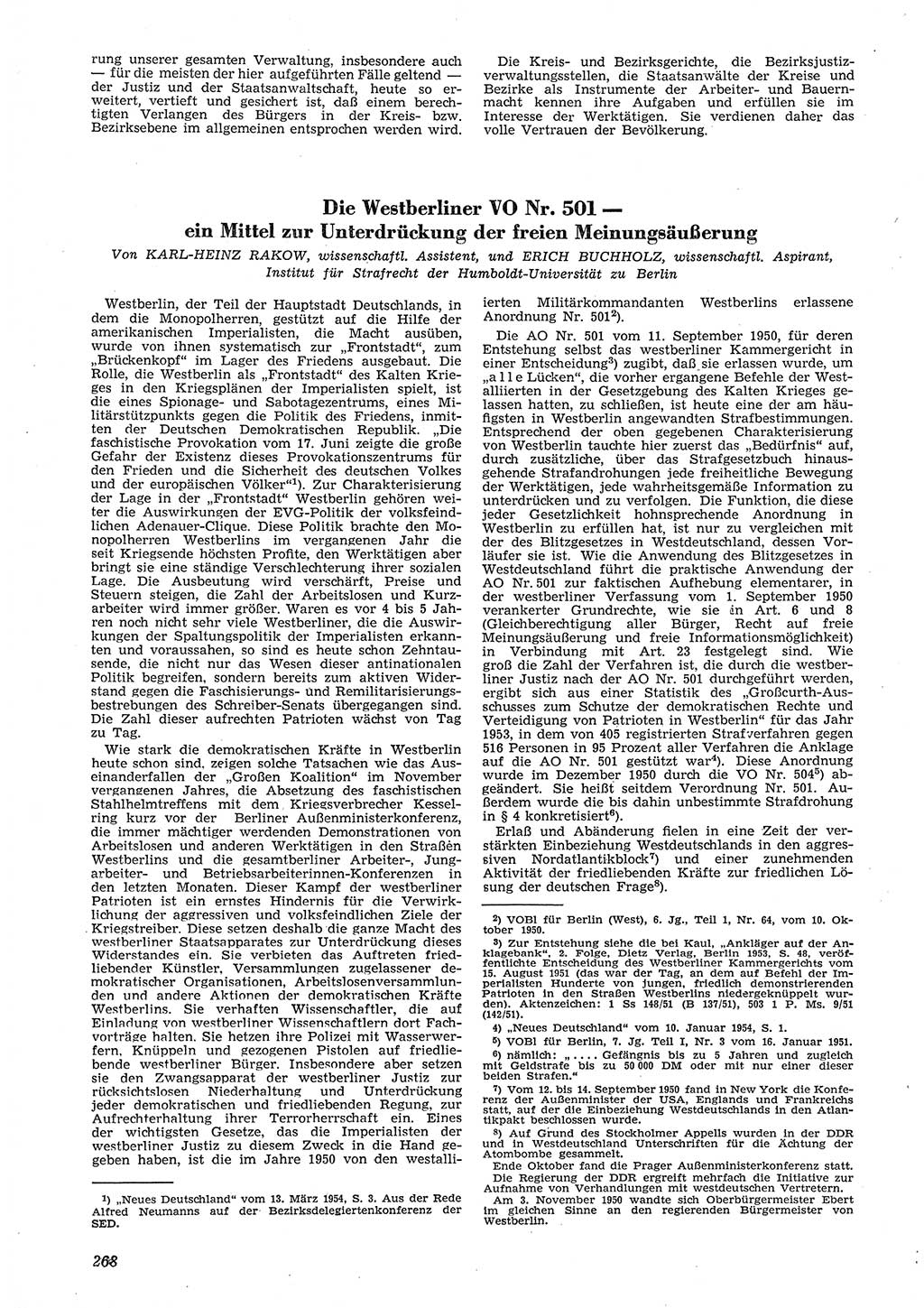 Neue Justiz (NJ), Zeitschrift für Recht und Rechtswissenschaft [Deutsche Demokratische Republik (DDR)], 8. Jahrgang 1954, Seite 268 (NJ DDR 1954, S. 268)