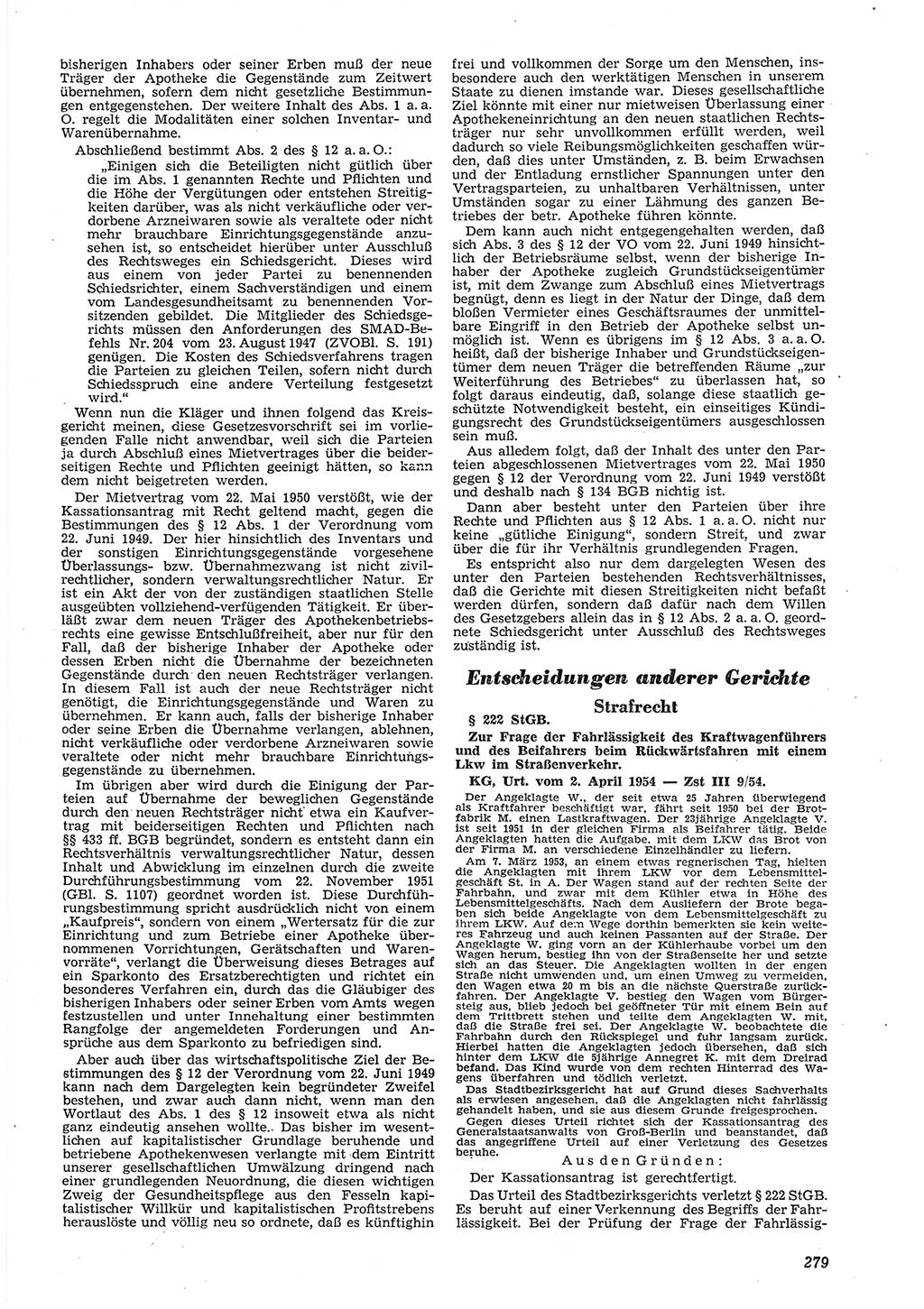 Neue Justiz (NJ), Zeitschrift für Recht und Rechtswissenschaft [Deutsche Demokratische Republik (DDR)], 8. Jahrgang 1954, Seite 279 (NJ DDR 1954, S. 279)