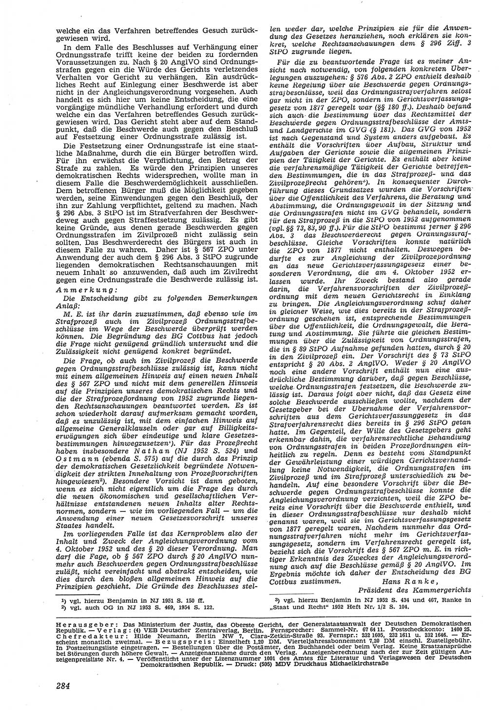 Neue Justiz (NJ), Zeitschrift für Recht und Rechtswissenschaft [Deutsche Demokratische Republik (DDR)], 8. Jahrgang 1954, Seite 284 (NJ DDR 1954, S. 284)