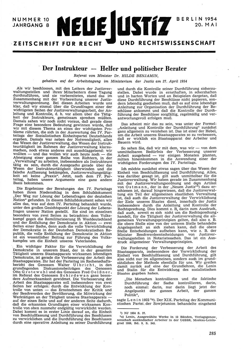 Neue Justiz (NJ), Zeitschrift für Recht und Rechtswissenschaft [Deutsche Demokratische Republik (DDR)], 8. Jahrgang 1954, Seite 285 (NJ DDR 1954, S. 285)