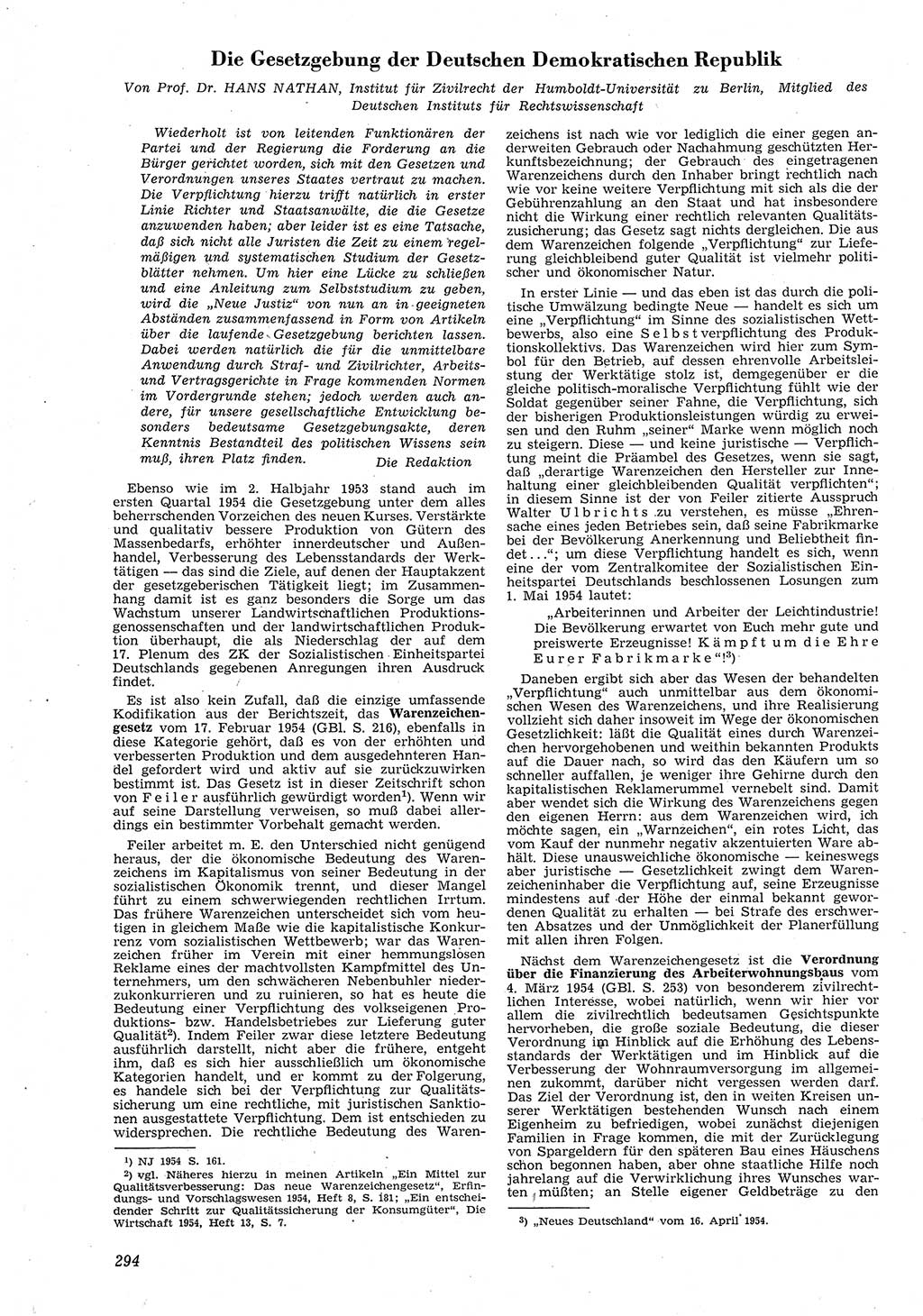 Neue Justiz (NJ), Zeitschrift für Recht und Rechtswissenschaft [Deutsche Demokratische Republik (DDR)], 8. Jahrgang 1954, Seite 294 (NJ DDR 1954, S. 294)