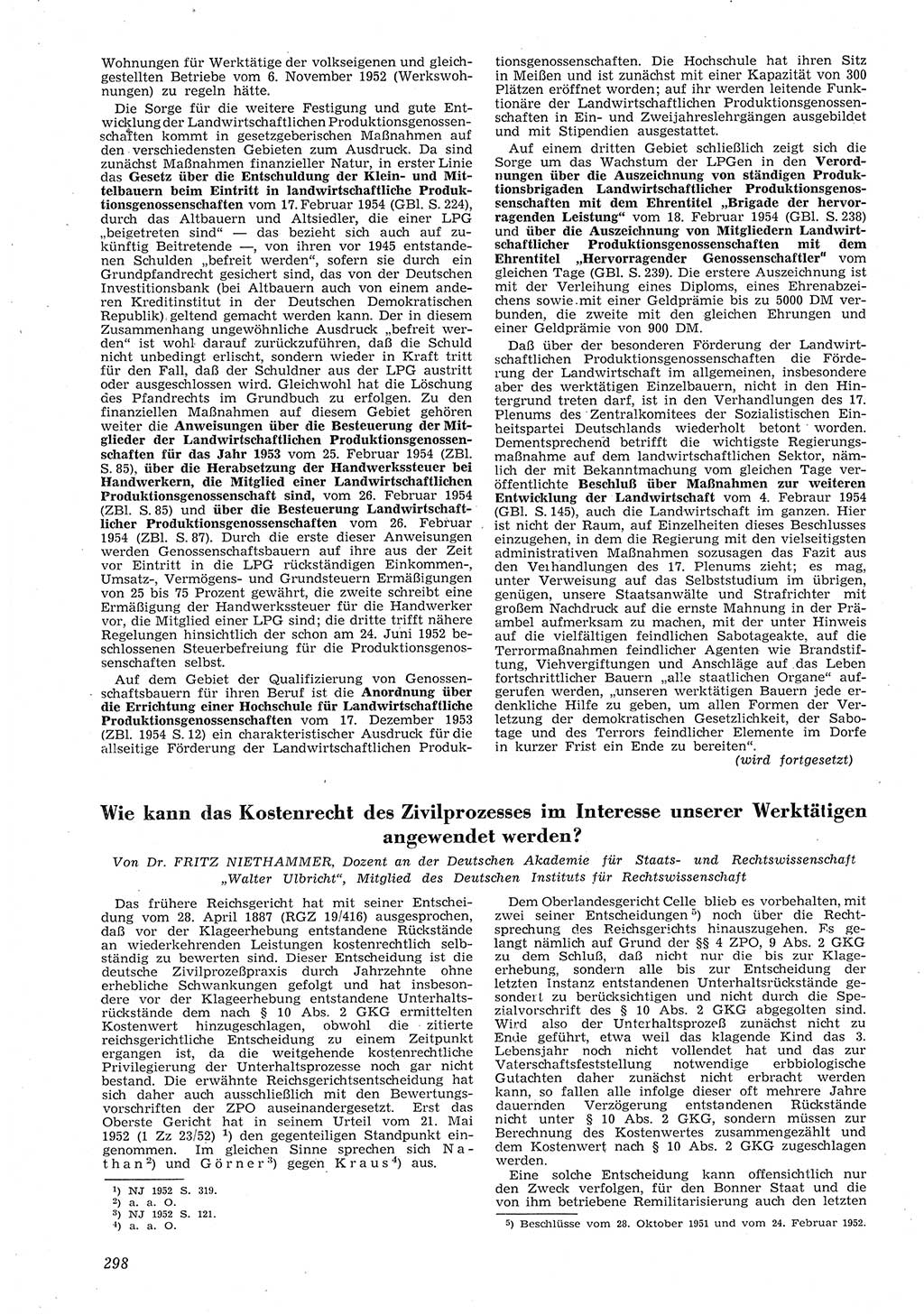Neue Justiz (NJ), Zeitschrift für Recht und Rechtswissenschaft [Deutsche Demokratische Republik (DDR)], 8. Jahrgang 1954, Seite 298 (NJ DDR 1954, S. 298)