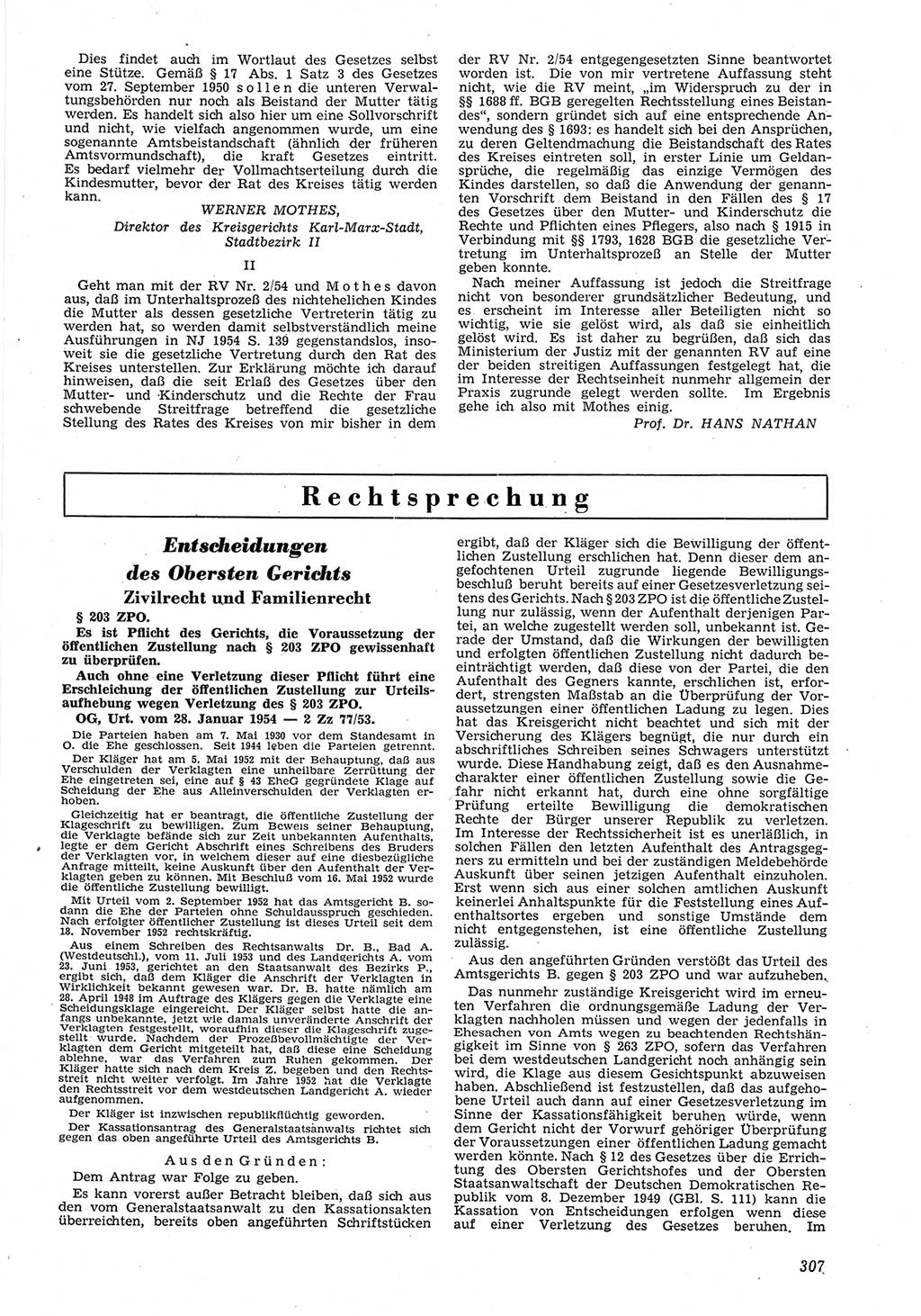 Neue Justiz (NJ), Zeitschrift für Recht und Rechtswissenschaft [Deutsche Demokratische Republik (DDR)], 8. Jahrgang 1954, Seite 307 (NJ DDR 1954, S. 307)
