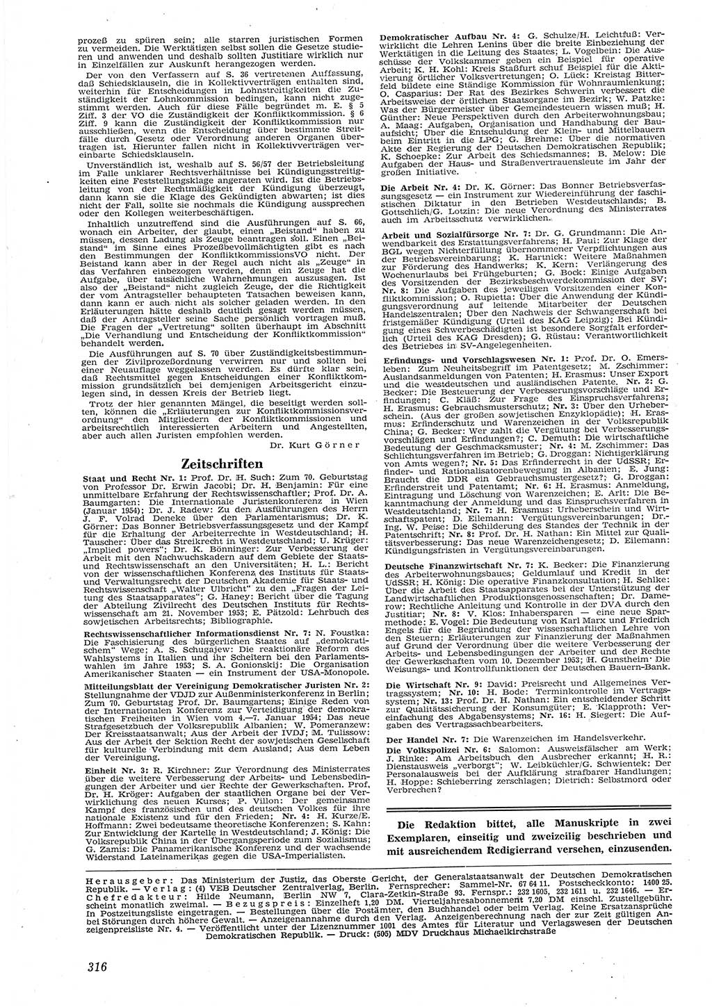 Neue Justiz (NJ), Zeitschrift für Recht und Rechtswissenschaft [Deutsche Demokratische Republik (DDR)], 8. Jahrgang 1954, Seite 316 (NJ DDR 1954, S. 316)