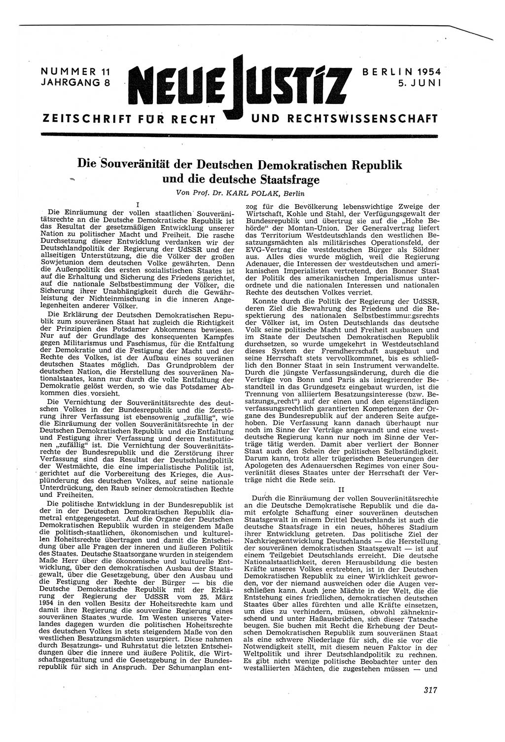 Neue Justiz (NJ), Zeitschrift für Recht und Rechtswissenschaft [Deutsche Demokratische Republik (DDR)], 8. Jahrgang 1954, Seite 317 (NJ DDR 1954, S. 317)