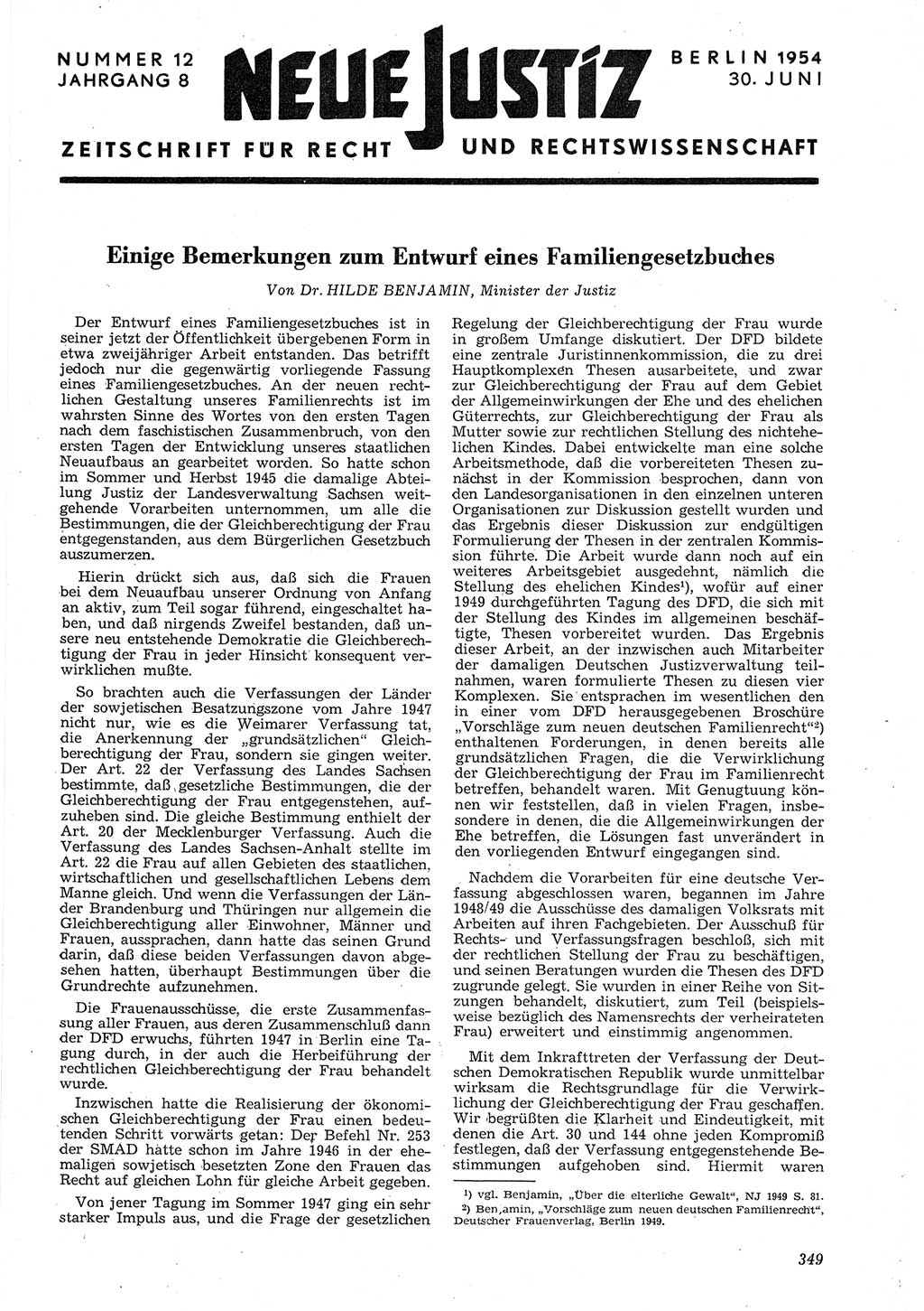 Neue Justiz (NJ), Zeitschrift für Recht und Rechtswissenschaft [Deutsche Demokratische Republik (DDR)], 8. Jahrgang 1954, Seite 349 (NJ DDR 1954, S. 349)