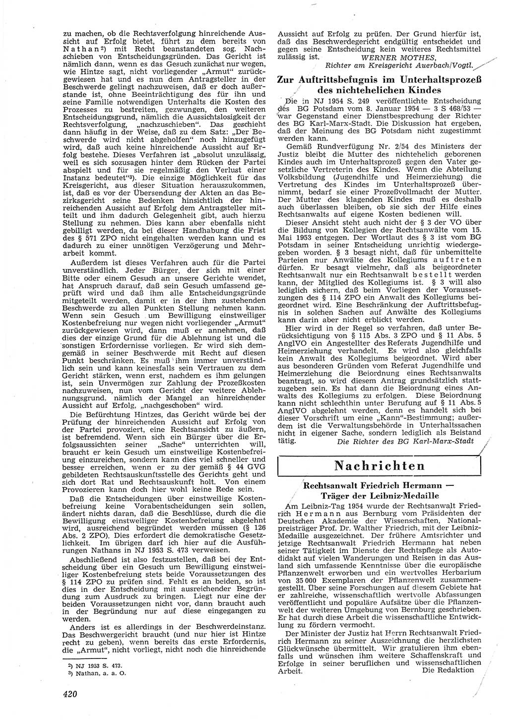Neue Justiz (NJ), Zeitschrift für Recht und Rechtswissenschaft [Deutsche Demokratische Republik (DDR)], 8. Jahrgang 1954, Seite 420 (NJ DDR 1954, S. 420)