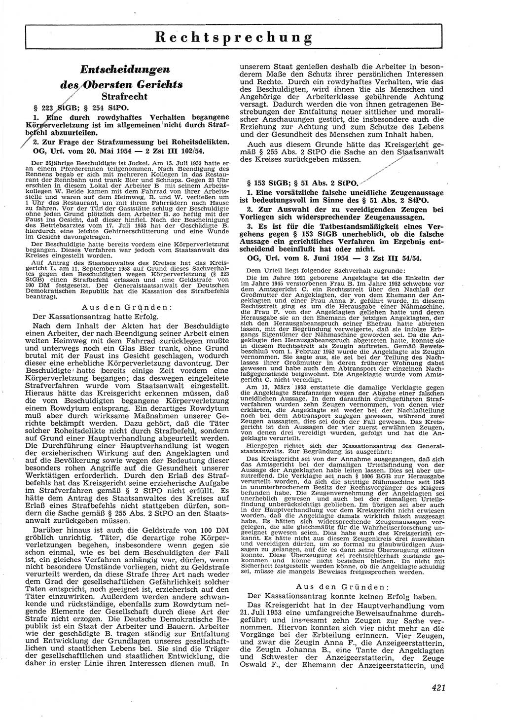 Neue Justiz (NJ), Zeitschrift für Recht und Rechtswissenschaft [Deutsche Demokratische Republik (DDR)], 8. Jahrgang 1954, Seite 421 (NJ DDR 1954, S. 421)