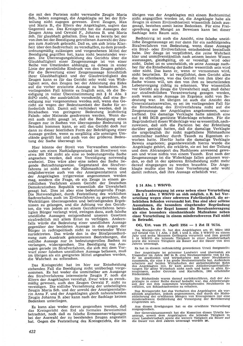 Neue Justiz (NJ), Zeitschrift für Recht und Rechtswissenschaft [Deutsche Demokratische Republik (DDR)], 8. Jahrgang 1954, Seite 422 (NJ DDR 1954, S. 422)
