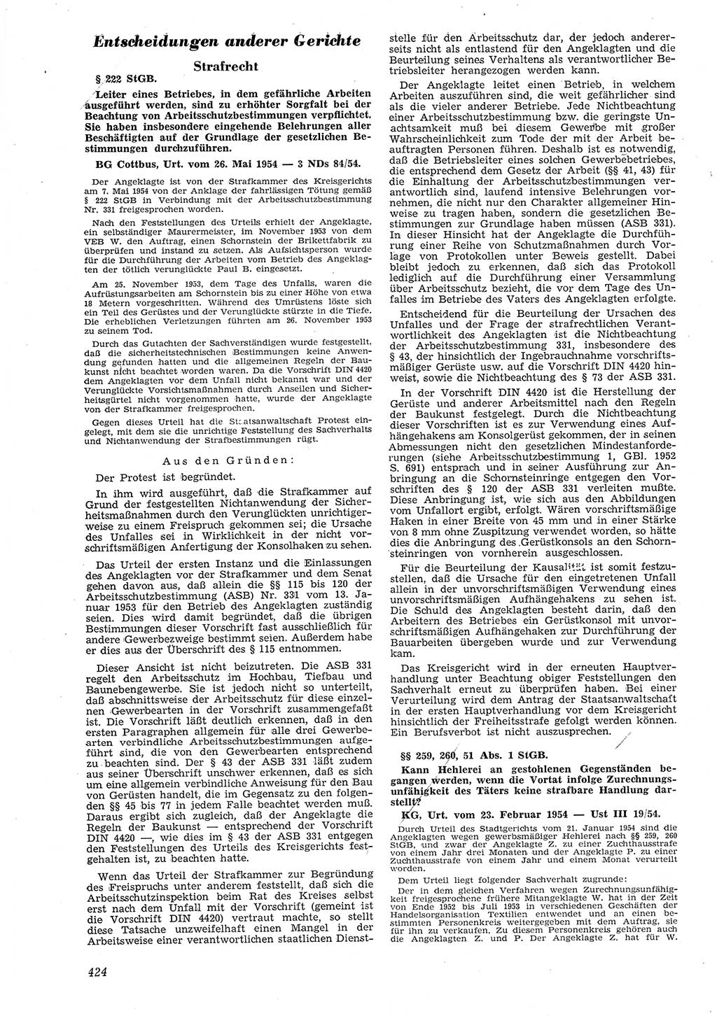 Neue Justiz (NJ), Zeitschrift für Recht und Rechtswissenschaft [Deutsche Demokratische Republik (DDR)], 8. Jahrgang 1954, Seite 424 (NJ DDR 1954, S. 424)