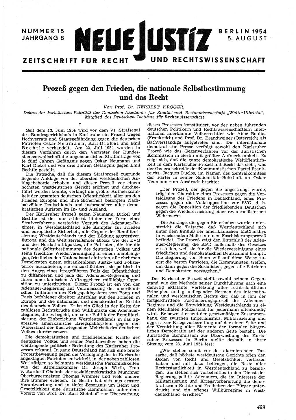 Neue Justiz (NJ), Zeitschrift für Recht und Rechtswissenschaft [Deutsche Demokratische Republik (DDR)], 8. Jahrgang 1954, Seite 429 (NJ DDR 1954, S. 429)