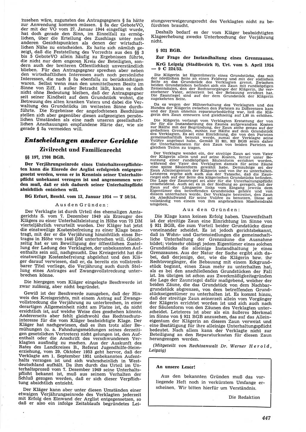 Neue Justiz (NJ), Zeitschrift für Recht und Rechtswissenschaft [Deutsche Demokratische Republik (DDR)], 8. Jahrgang 1954, Seite 447 (NJ DDR 1954, S. 447)
