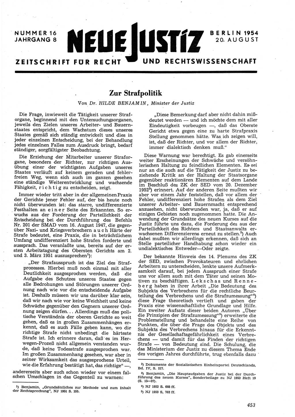 Neue Justiz (NJ), Zeitschrift für Recht und Rechtswissenschaft [Deutsche Demokratische Republik (DDR)], 8. Jahrgang 1954, Seite 453 (NJ DDR 1954, S. 453)