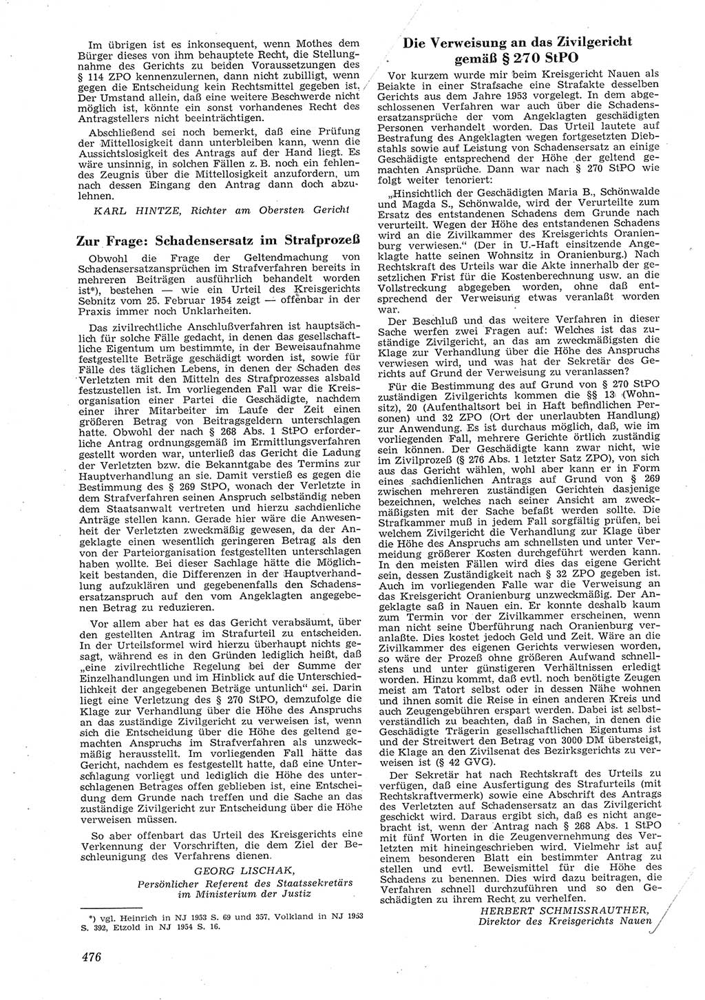 Neue Justiz (NJ), Zeitschrift für Recht und Rechtswissenschaft [Deutsche Demokratische Republik (DDR)], 8. Jahrgang 1954, Seite 476 (NJ DDR 1954, S. 476)