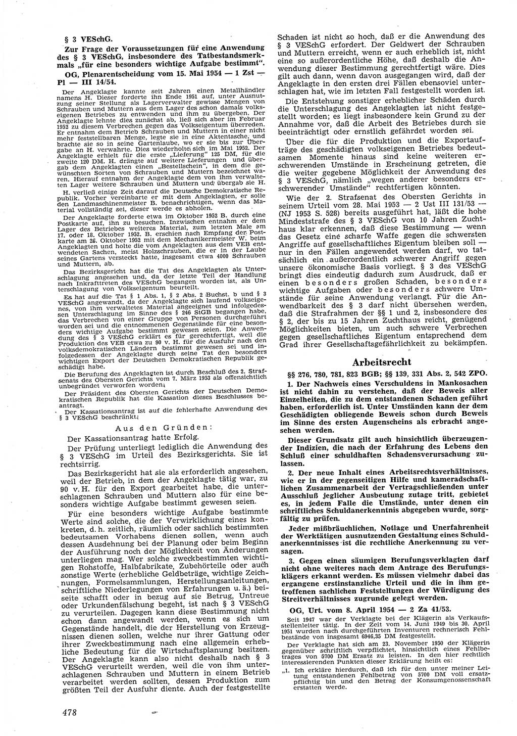 Neue Justiz (NJ), Zeitschrift für Recht und Rechtswissenschaft [Deutsche Demokratische Republik (DDR)], 8. Jahrgang 1954, Seite 478 (NJ DDR 1954, S. 478)