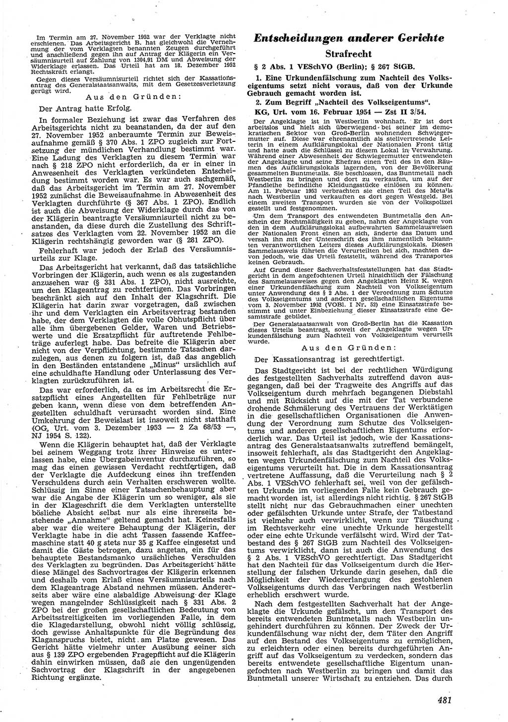 Neue Justiz (NJ), Zeitschrift für Recht und Rechtswissenschaft [Deutsche Demokratische Republik (DDR)], 8. Jahrgang 1954, Seite 481 (NJ DDR 1954, S. 481)