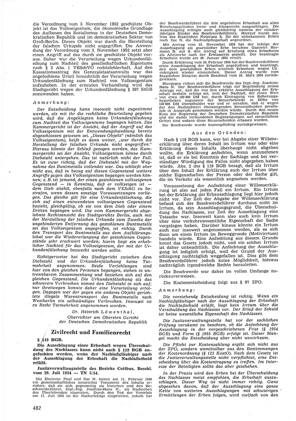 Neue Justiz (NJ), Zeitschrift für Recht und Rechtswissenschaft [Deutsche Demokratische Republik (DDR)], 8. Jahrgang 1954, Seite 482 (NJ DDR 1954, S. 482)