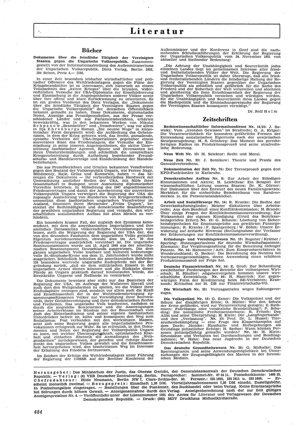 Neue Justiz (NJ), Zeitschrift für Recht und Rechtswissenschaft [Deutsche Demokratische Republik (DDR)], 8. Jahrgang 1954, Seite 484 (NJ DDR 1954, S. 484)