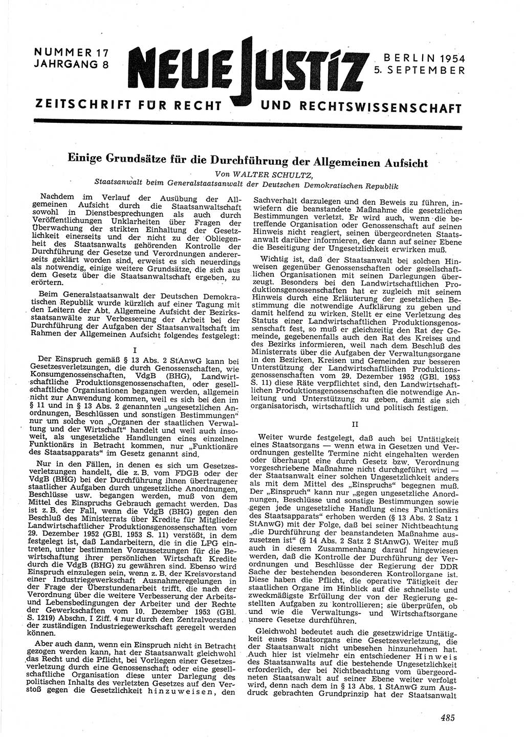 Neue Justiz (NJ), Zeitschrift für Recht und Rechtswissenschaft [Deutsche Demokratische Republik (DDR)], 8. Jahrgang 1954, Seite 485 (NJ DDR 1954, S. 485)