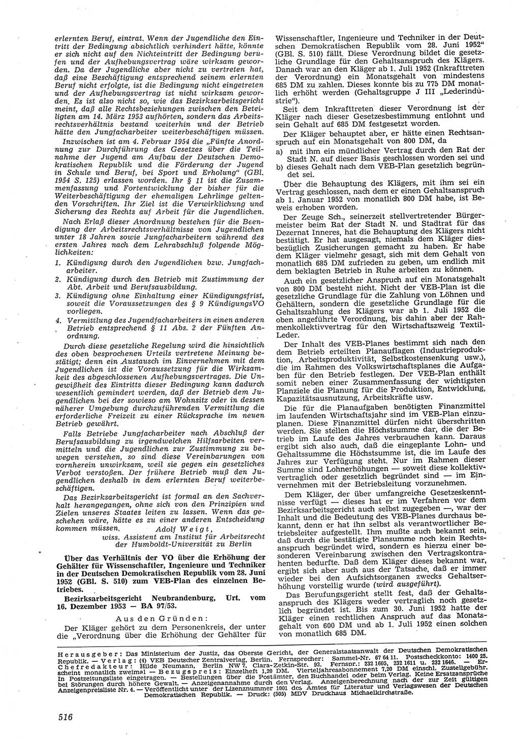 Neue Justiz (NJ), Zeitschrift für Recht und Rechtswissenschaft [Deutsche Demokratische Republik (DDR)], 8. Jahrgang 1954, Seite 516 (NJ DDR 1954, S. 516)
