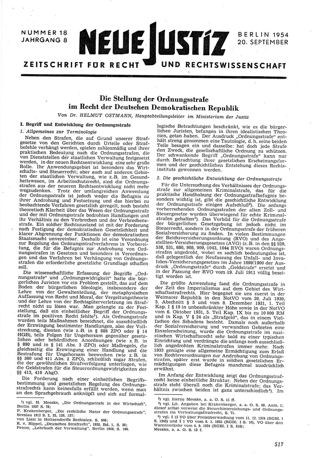 Neue Justiz (NJ), Zeitschrift für Recht und Rechtswissenschaft [Deutsche Demokratische Republik (DDR)], 8. Jahrgang 1954, Seite 517 (NJ DDR 1954, S. 517)