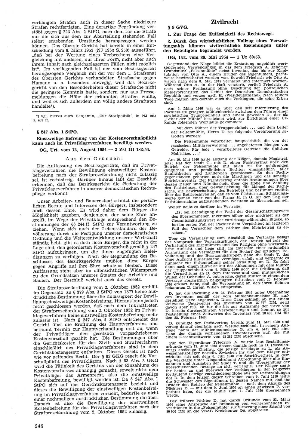 Neue Justiz (NJ), Zeitschrift für Recht und Rechtswissenschaft [Deutsche Demokratische Republik (DDR)], 8. Jahrgang 1954, Seite 540 (NJ DDR 1954, S. 540)